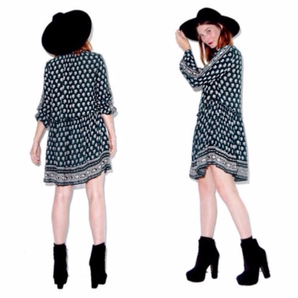 Zara Green Floral Boho Peasant Tunic Dress Size S